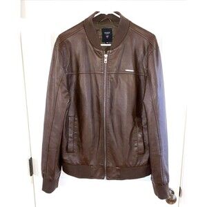 Guess Men's Brown Faux-Leather Motorcycle Bomber‎ Jacket Coat Large